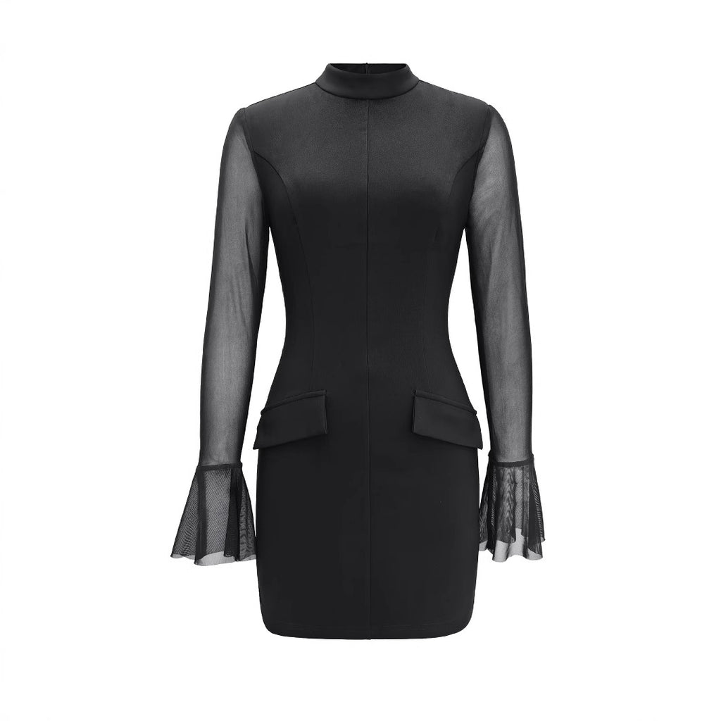 Women's Solid Color Semi-sheer Long-sleeve High-neck Fitted Dress