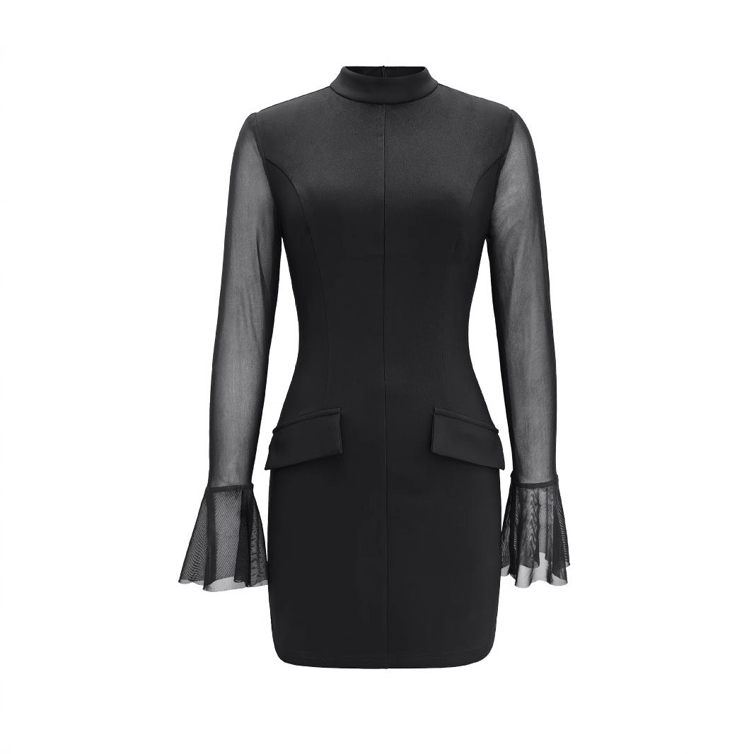 Women's Solid Color Semi-sheer Long-sleeve High-neck Fitted Dress