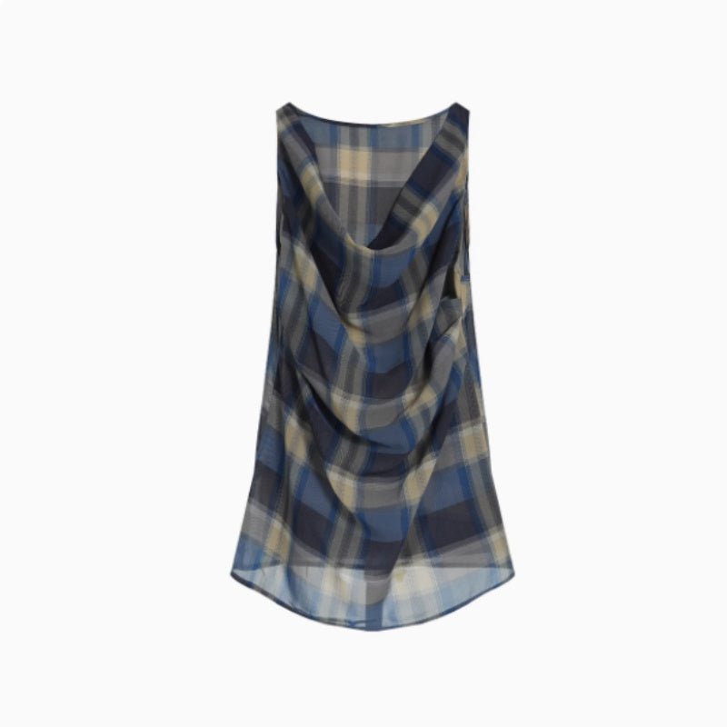 Vintage Check Pleated Swing Neck Sleeveless Tank Top