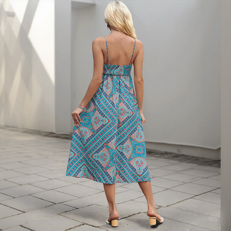 Retro Printing Slip Dress Women's Clothing