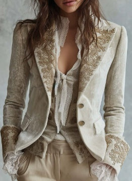 Velvet Pocket Suit With Printed Lapel And Flared Sleeves, Long-sleeved Blazer.