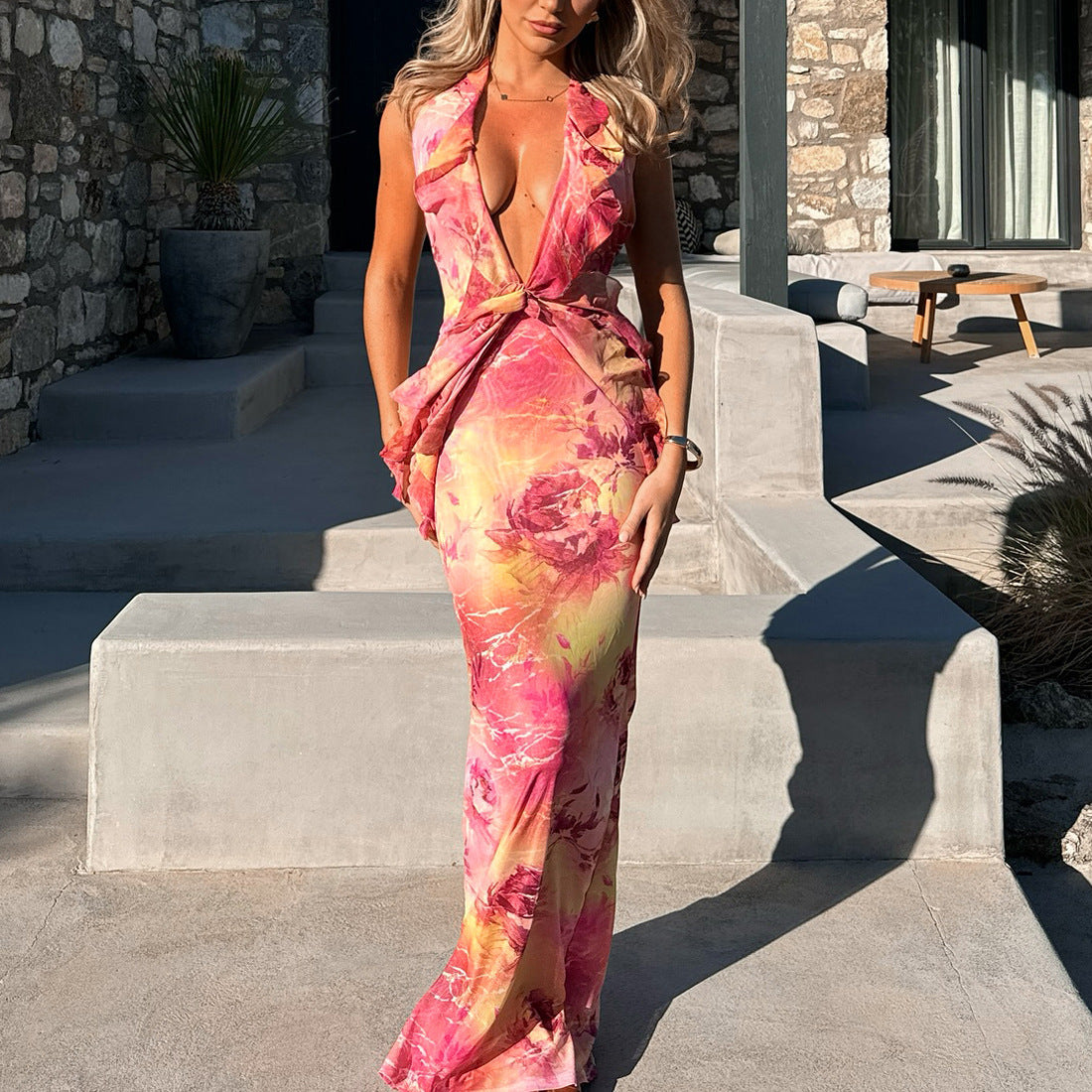 Women's Sexy Printing Color Contrast Backless Sheath Dress