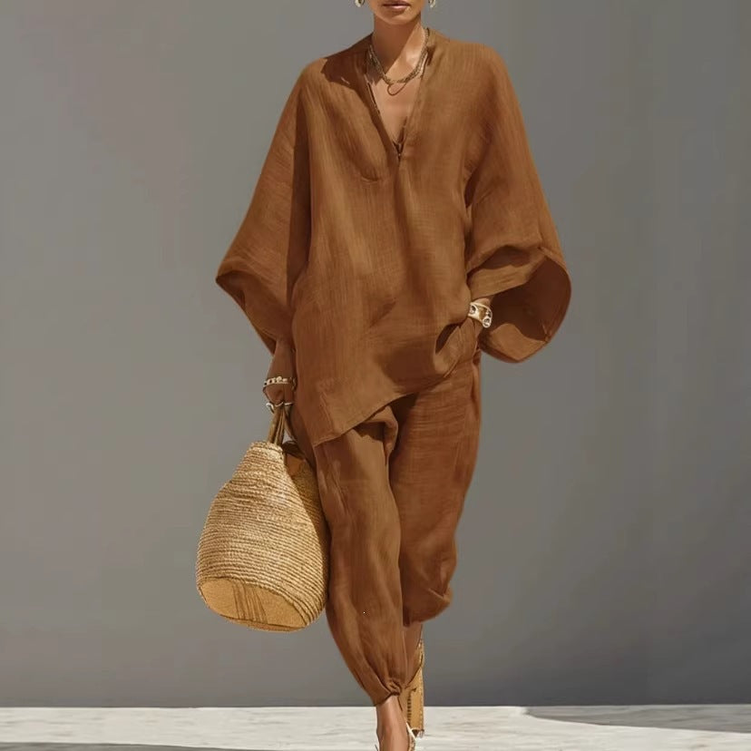 Casual Relaxed Loose-Fitting Solid-Color Shirt Set