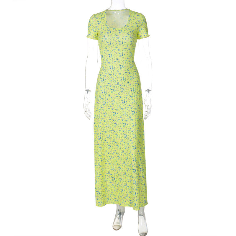 Fashion Printed U-neck Back Strap Short Sleeve Dress