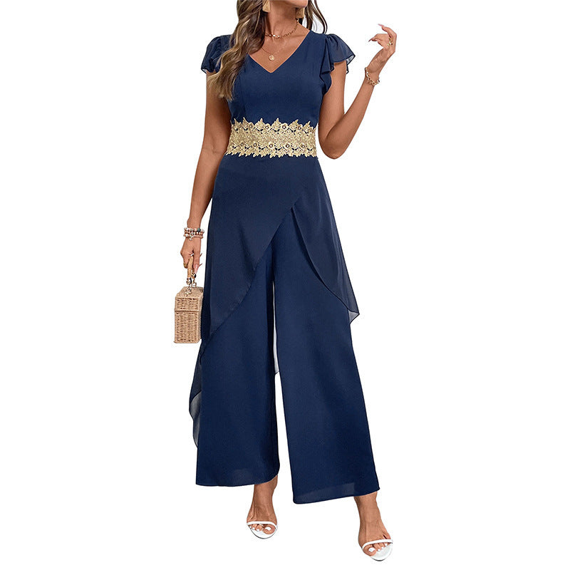Lace V-neck Stitching Women's Jumpsuit