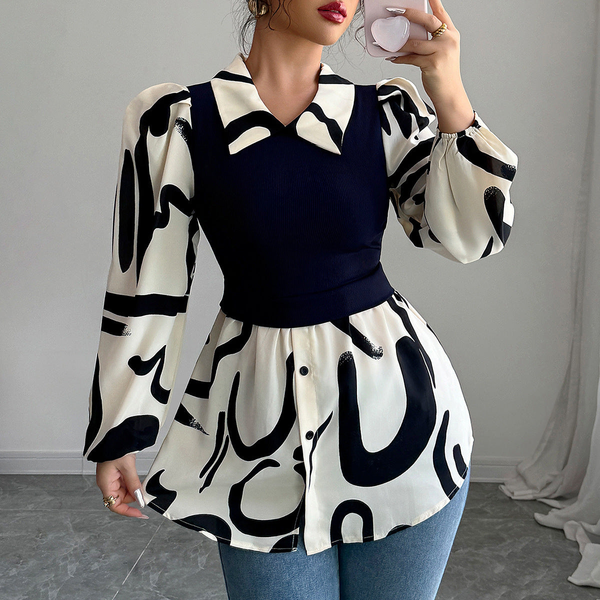 Holiday Casual Style Stitching Printing Long Sleeve Shirt Women's Clothing