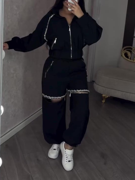 Black Rhinestone Zip-Up Cropped Jacket & Cut-Out Wide Leg Pants 2-Piece Set