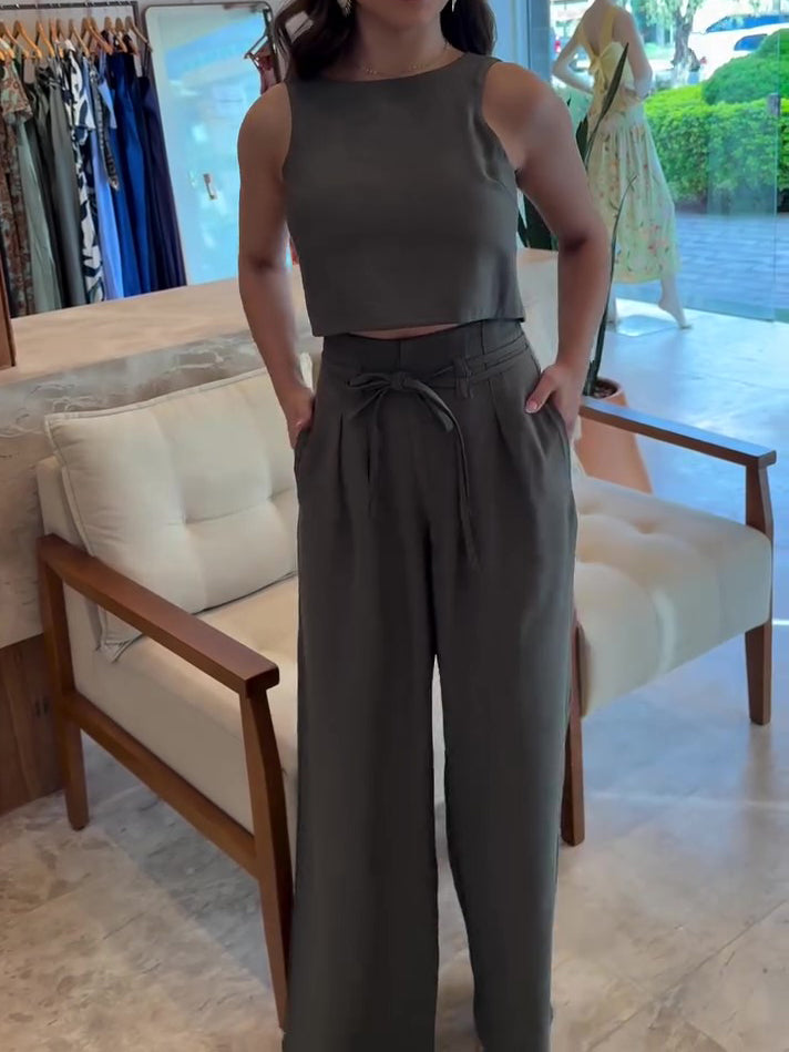 Army Green Backless Bow Tie Sleeveless Top & Wide-Leg Pants Set