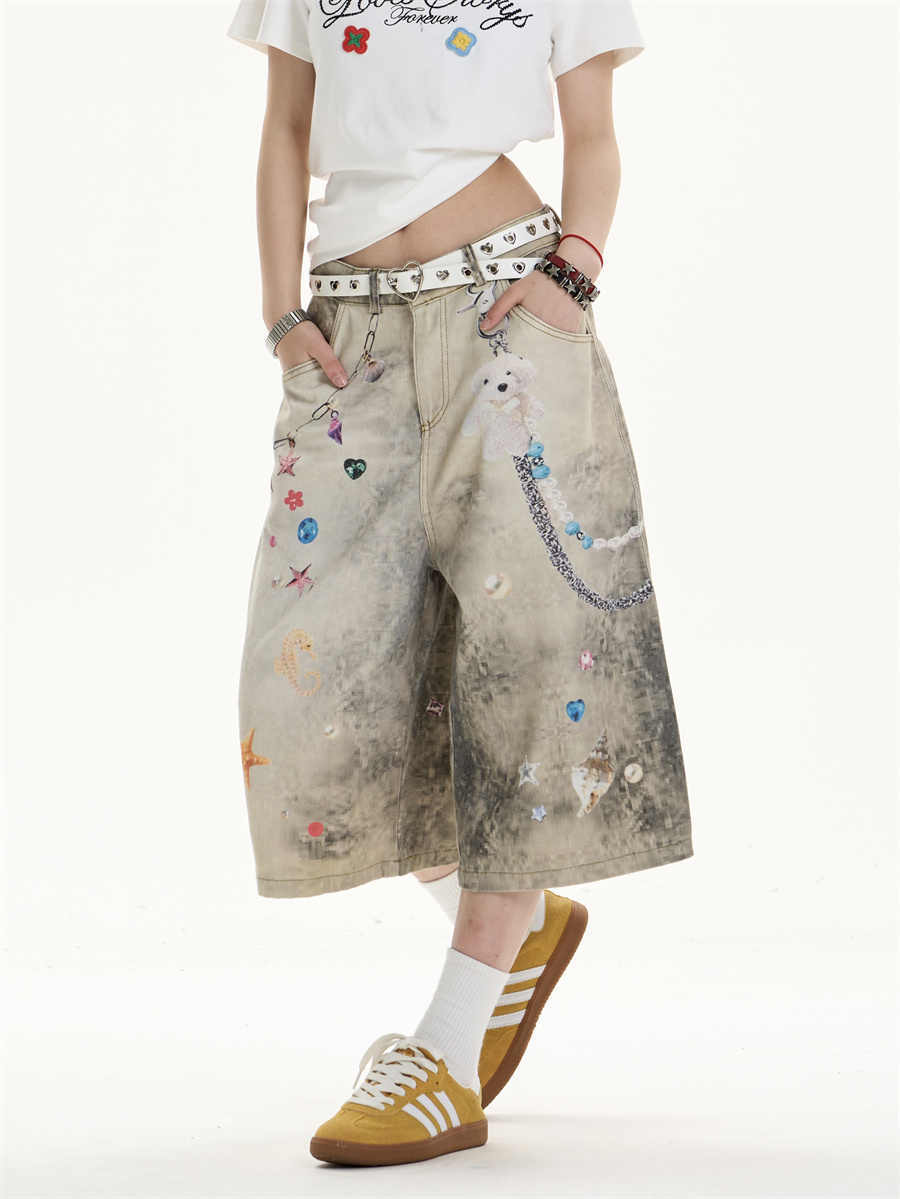 Creative Women's Straight Loose Printed Wide-leg Cropped Jeans