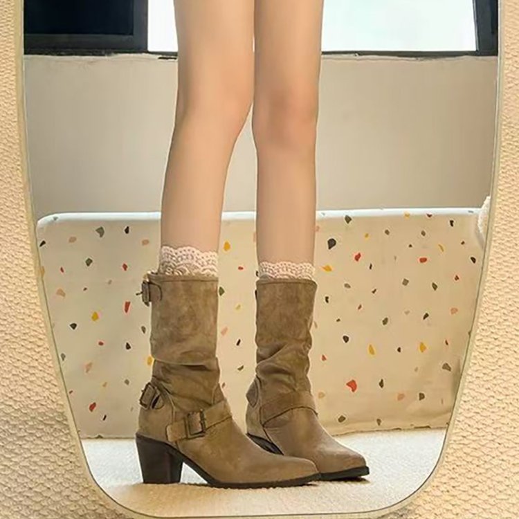 Retro Mid-calf Stacked Pointed-toe Chunky-heel Boots