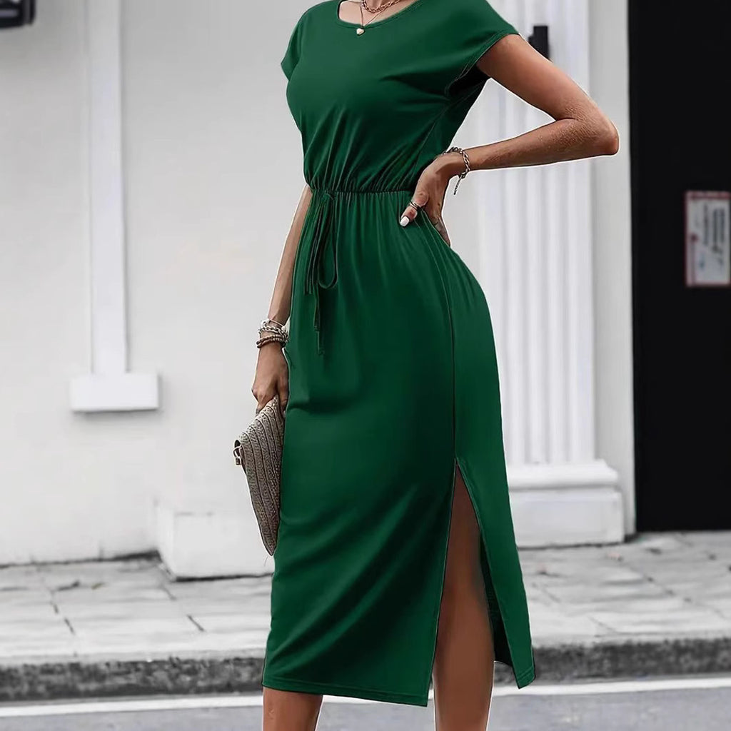 Casual Cinched Waist Slim-fit Round Neck Short Sleeve Dress