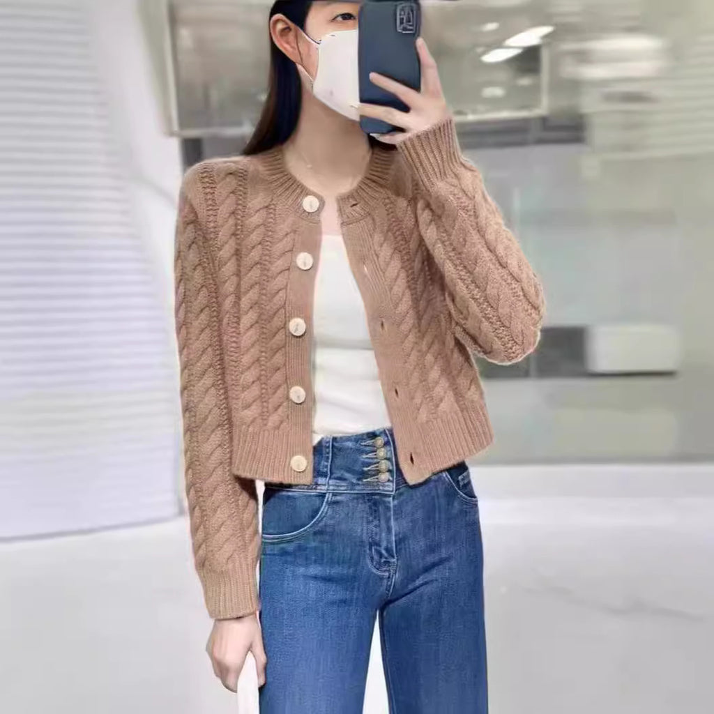 High Waist Thickened Round Neck Twist Soft Glutinous Knitted Cardigan Sweater