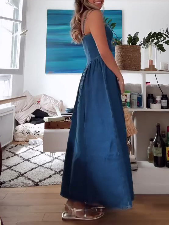 Denim Suspenders Maxi Dress
