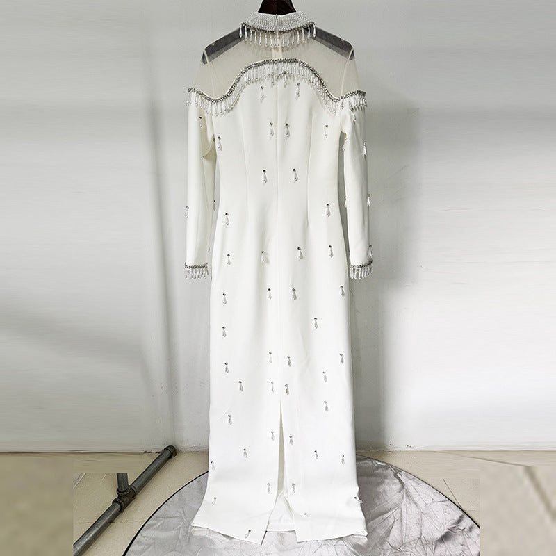 Heavy-duty Pearl Bead And Diamond-embellished Mesh-panel Long Dress