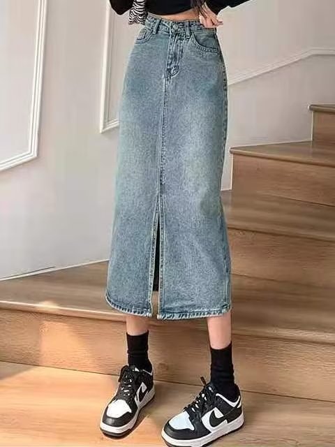 High Waist Slit Denim Skirt For Women A-line Slimming Hip-covering Design Mid-length Skirt