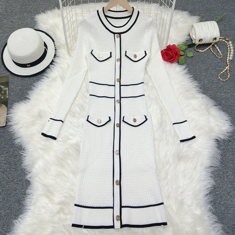 Contrast Color Four-pocket Slim Slimming Exquisite Dress