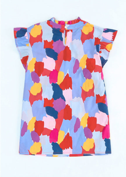Fiery Red Ruffle Cap Sleeve Frill Mock Neck Printed Top