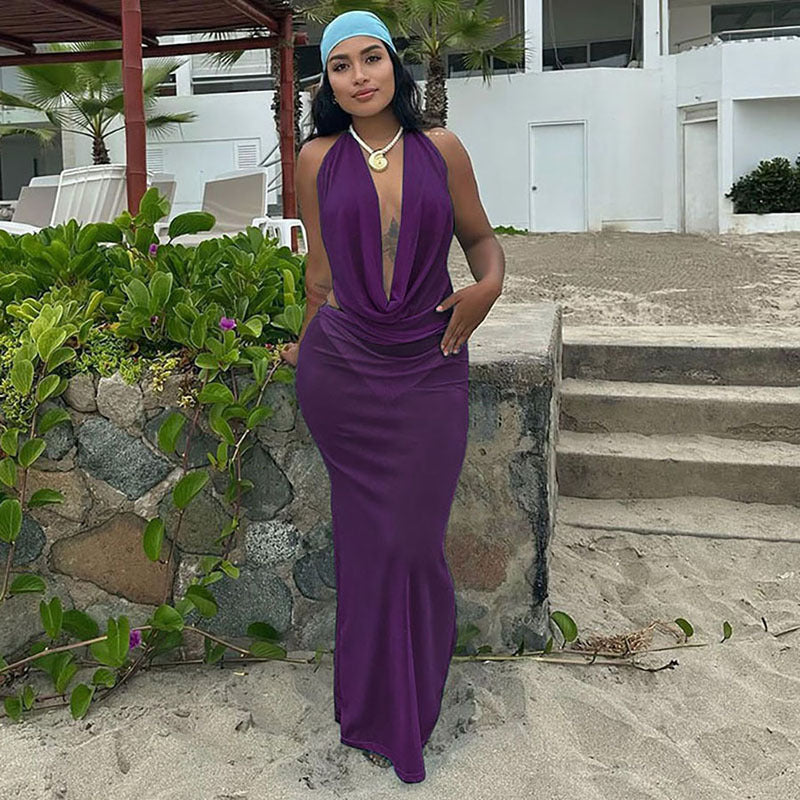Headscarf Lace-up Vest Deep V Pile Collar Sexy Dress Three-piece Set For Women
