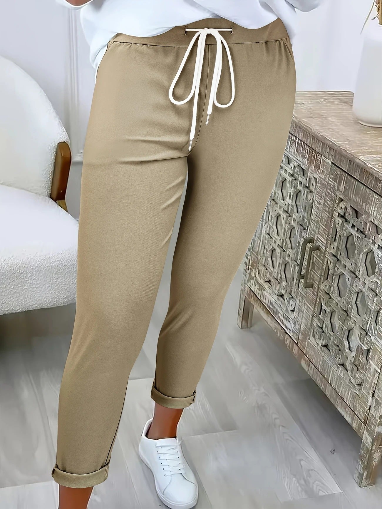 Women's Fashion Belt Lace Up Casual Trousers