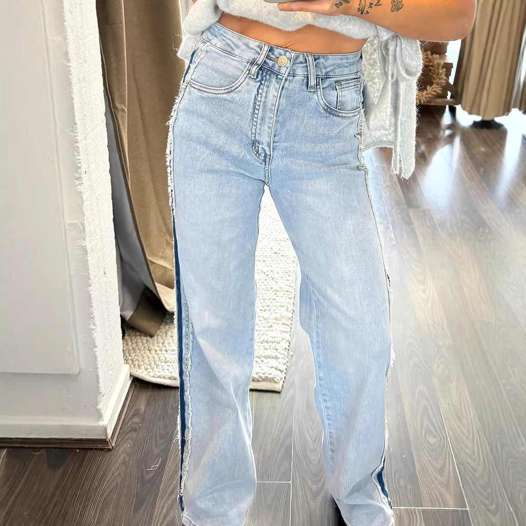 Stylish Versatile Womens Distressed Straight Jeans With Contrasting Trim