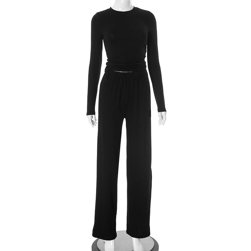 European And American Solid Color Long-sleeved Top Wide Leg Pants Suit Women