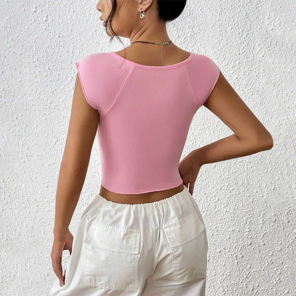 Square Neck Split Sexy Short Sleeve With Short Top