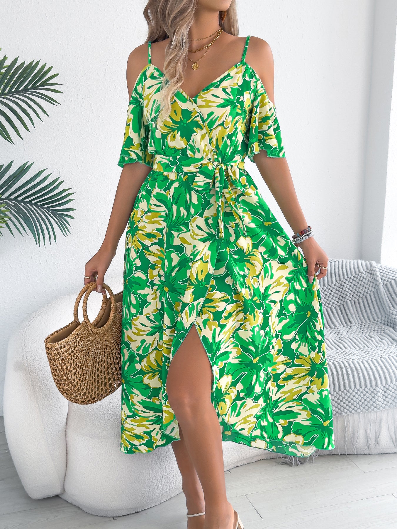 Off Shoulder Cross V Neck Floral Print Camisole Vacation Maxi Dress
