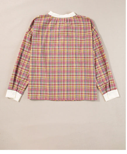 Colorblock Plaid Patchwork Henley Blouse