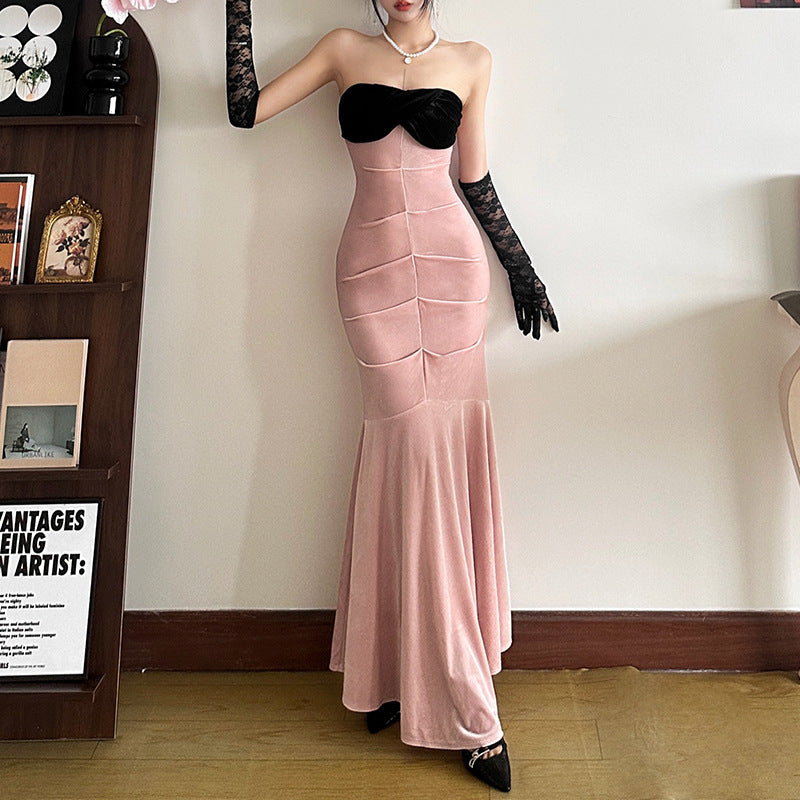 Contrast Color Sexy Socialite Off-shoulder Tube Top Package Hip Fishtail Dress Women