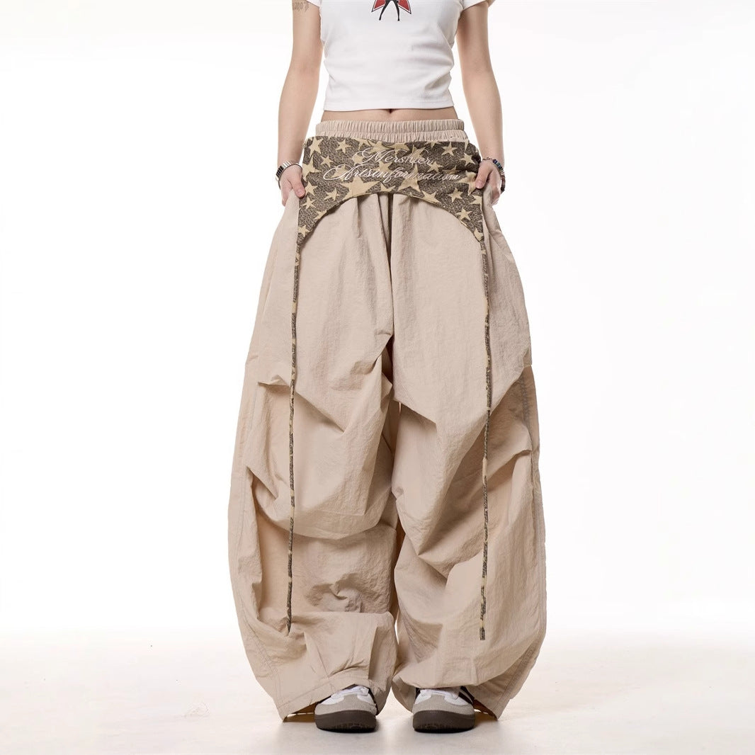 Relaxed Casual American-style Layered Design Cargo Pants With Tie Details