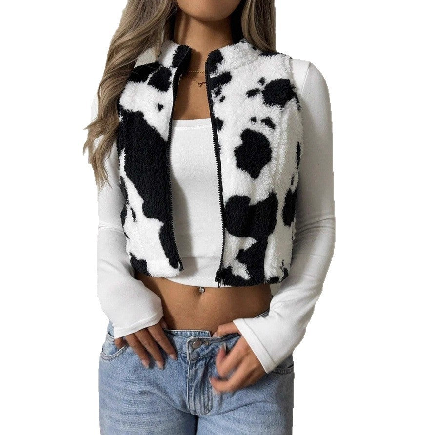 Women's Cows Pattern Zipper Vest Ins Style Furry Coat