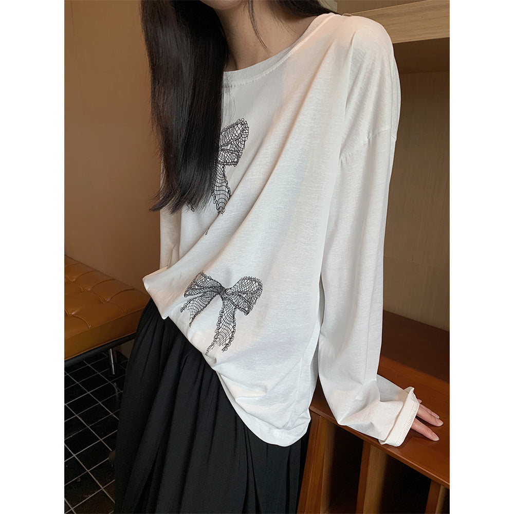 Bow Print Long-sleeved T-shirt Women's Thin Loose Top