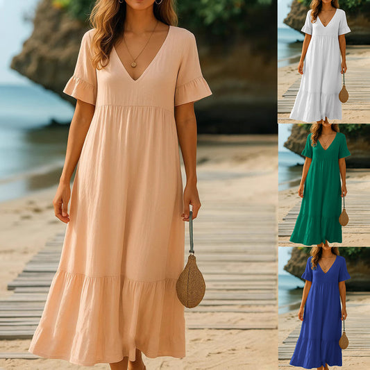 V-neck Solid Color Multicolor Women's Stitching Dress