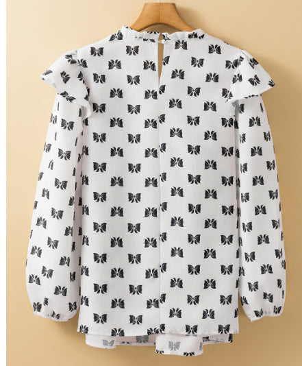 White Bow Knot Print Piping Trim Ruffled Crew Neck Blouse