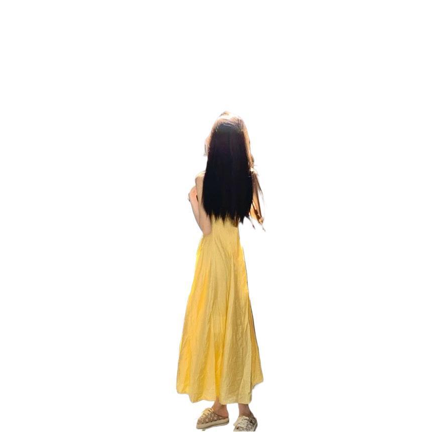 Small Yellow Gallus Dress Women's Clothing Summer New Waist-tight Temperament Long Dress Seaside Vacation Skirt