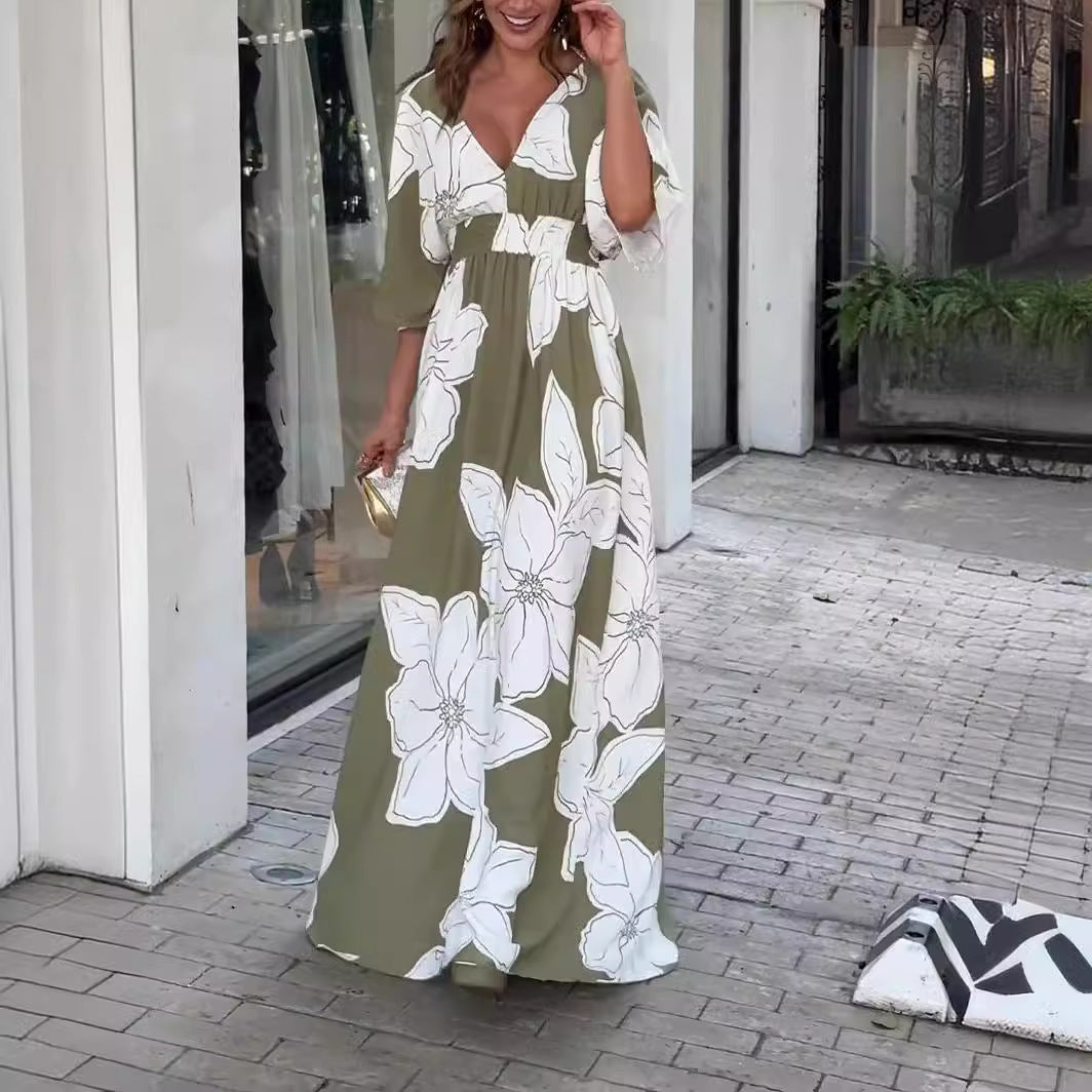 Flower Printed V-neck Long Dress