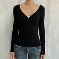 Womens Casual Patchwork Lace Long-Sleeve Top