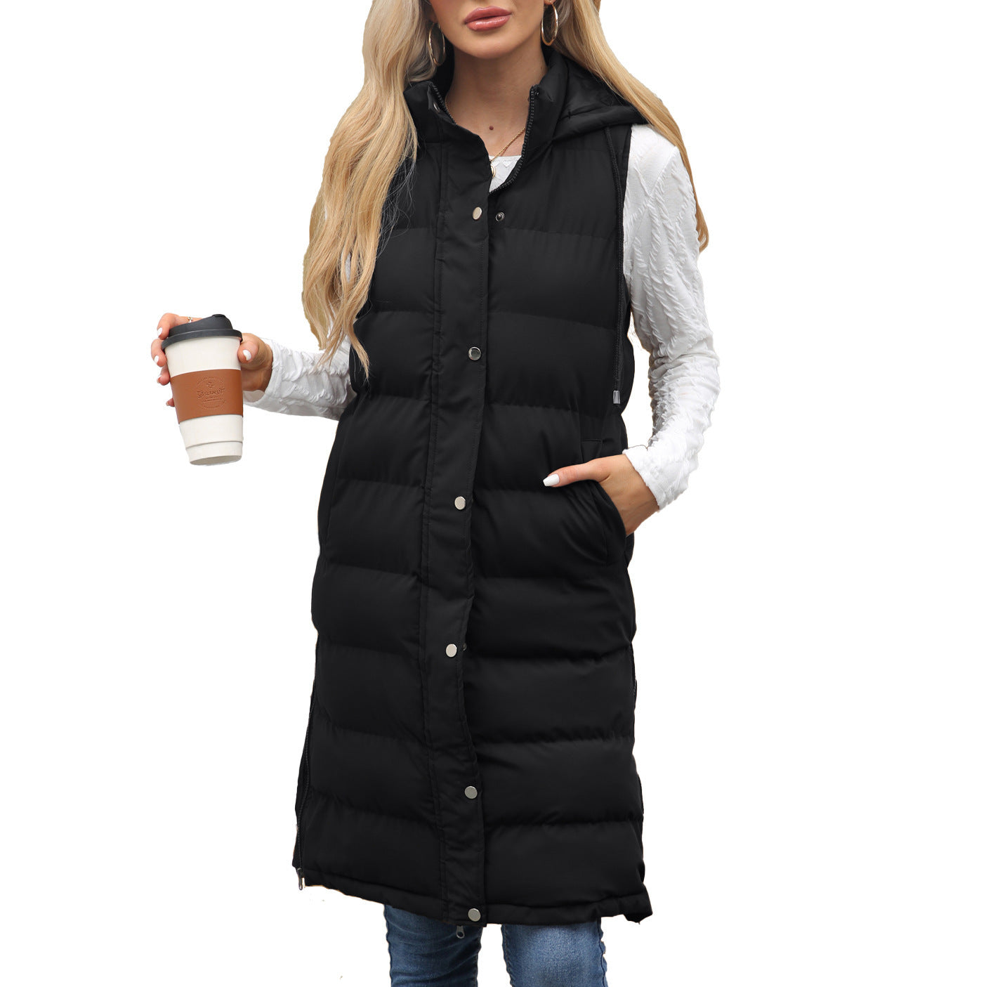 Ladies Hooded Sleeveless Zipper Cotton Padded Thickened