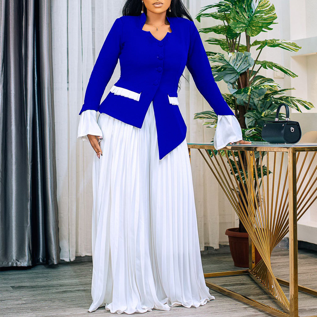Fashion Flared Sleeves Top Pleated Wide-leg Pants Suit Two-piece Set
