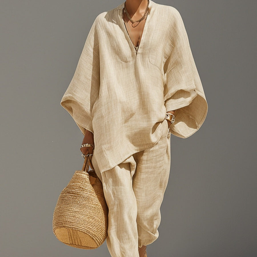 Casual Relaxed Loose-Fitting Solid-Color Shirt Set