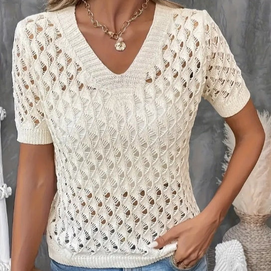 Best Selling Knitted V-neck Short-sleeved Top Hollow Out