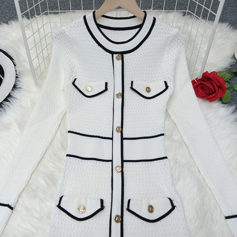 Contrast Color Four-pocket Slim Slimming Exquisite Dress