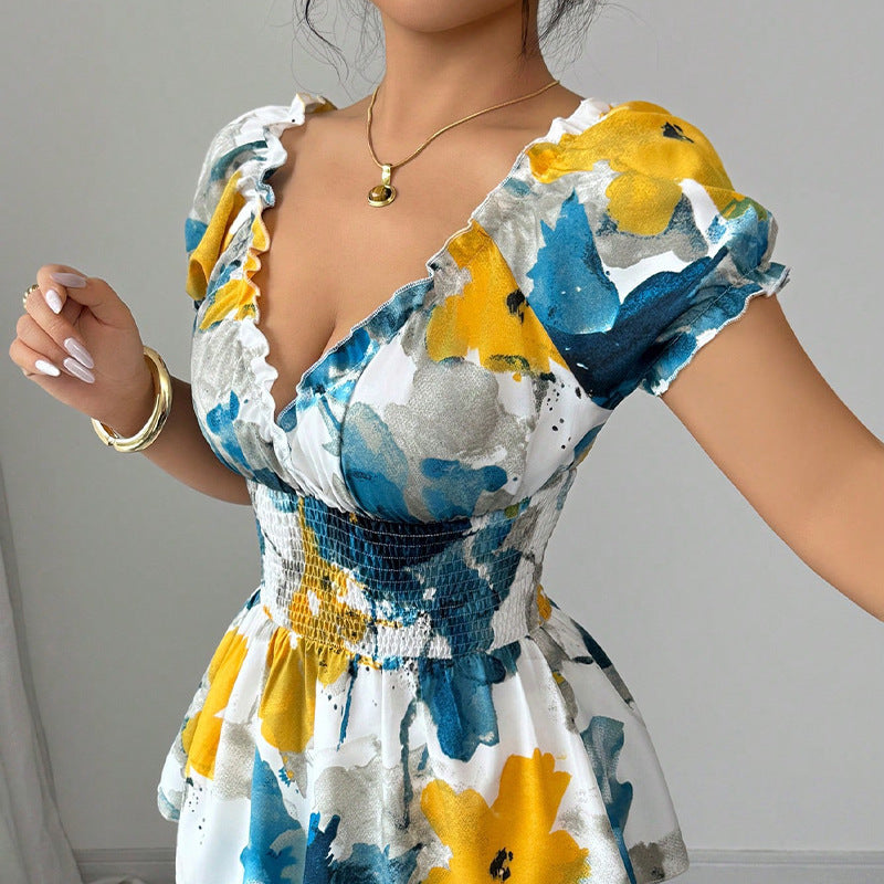 Vacation Deep V-neck Shirt Tie-dye Slim Fit Lady
