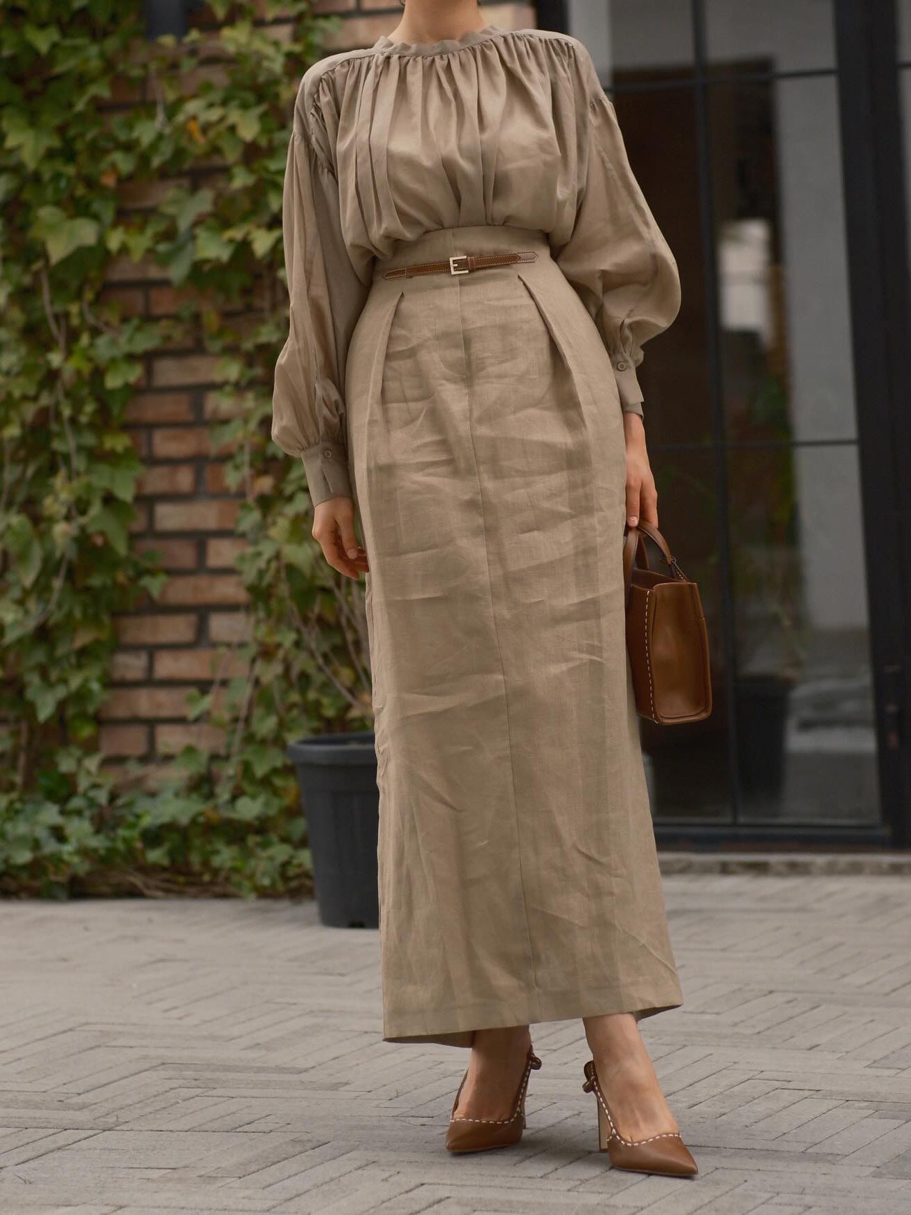 Khaki Puff - Sleeve Blouse And Midi Skirt Set