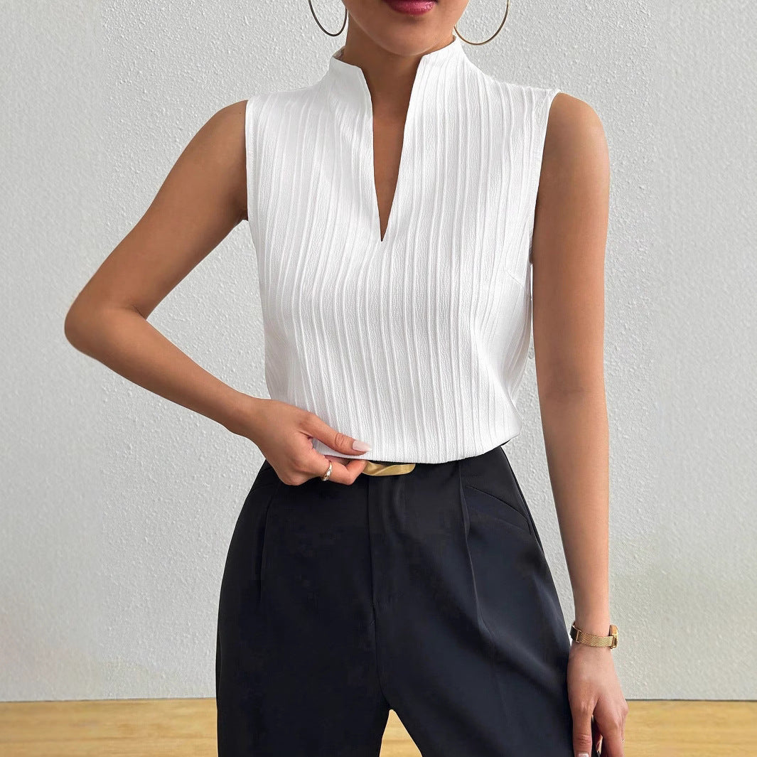 European And American Women's Top Solid Color And V-neck Slim Fit Slimming Sleeveless Texture Short Sleeve