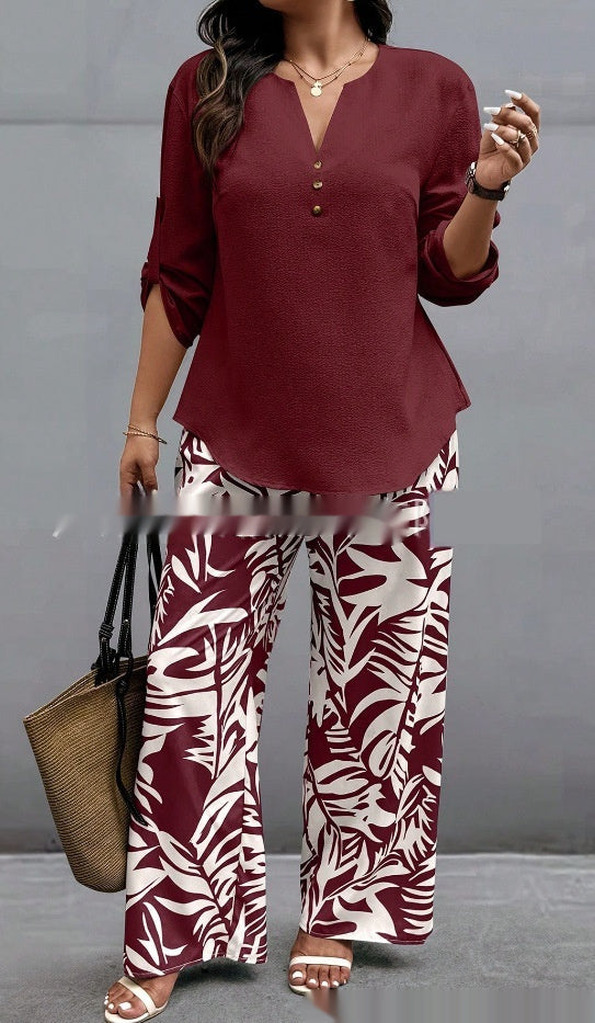 Ladies V-neck Shirt Tropical Plants Printed Pants Suit