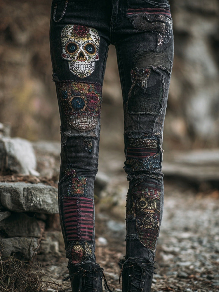 Womens Denim Jeans  Womens Trousers With Colorful 3D Floral Prints