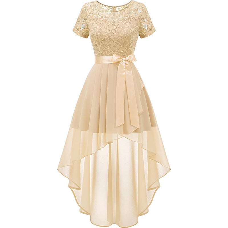 Lace Chiffon Ruffled High Slit Waist Round Neck Evening Dress Skirt
