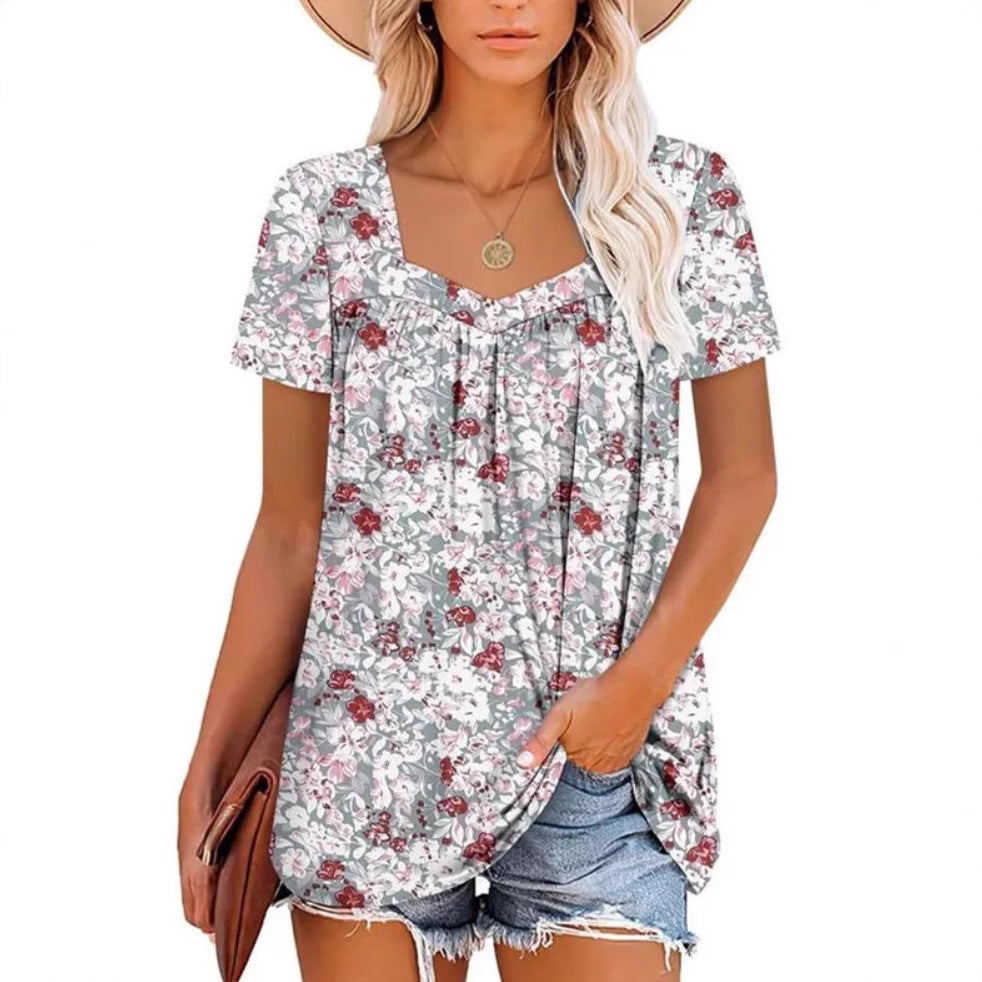 Women's Clothing Square Collar Short Sleeve Printed Loose T-shirt