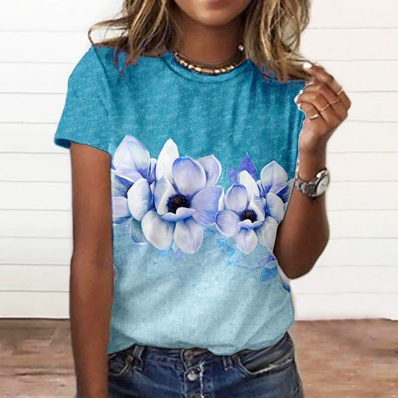 Artificial Cotton 3D Sunflower Print Round Neck T-shirt